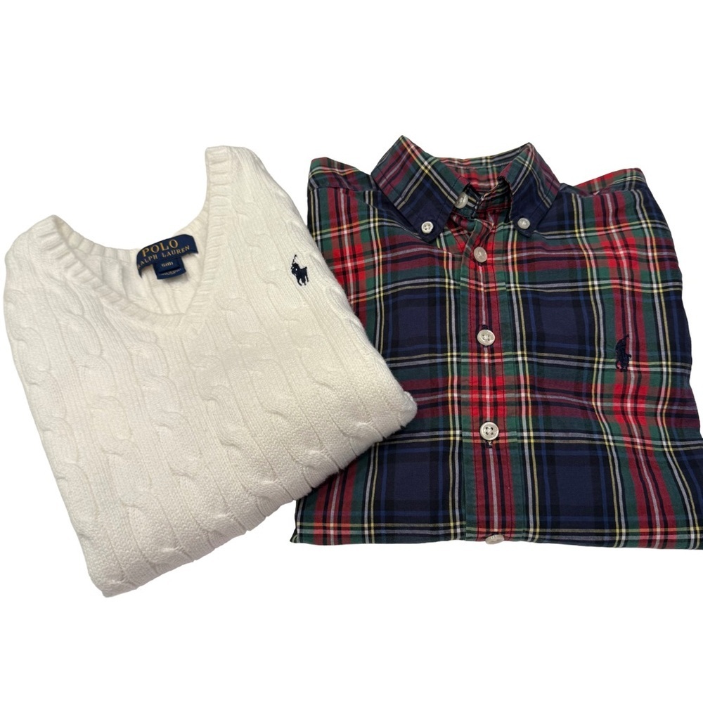 Ralph Lauren Boys 2 PCS Set White Cable Knit Vest & Button Down Shirt Sz 8-10